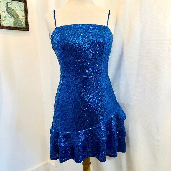 D. ark Bright Blue Sequin Mini Dress Size XS - Picture 1 of 9
